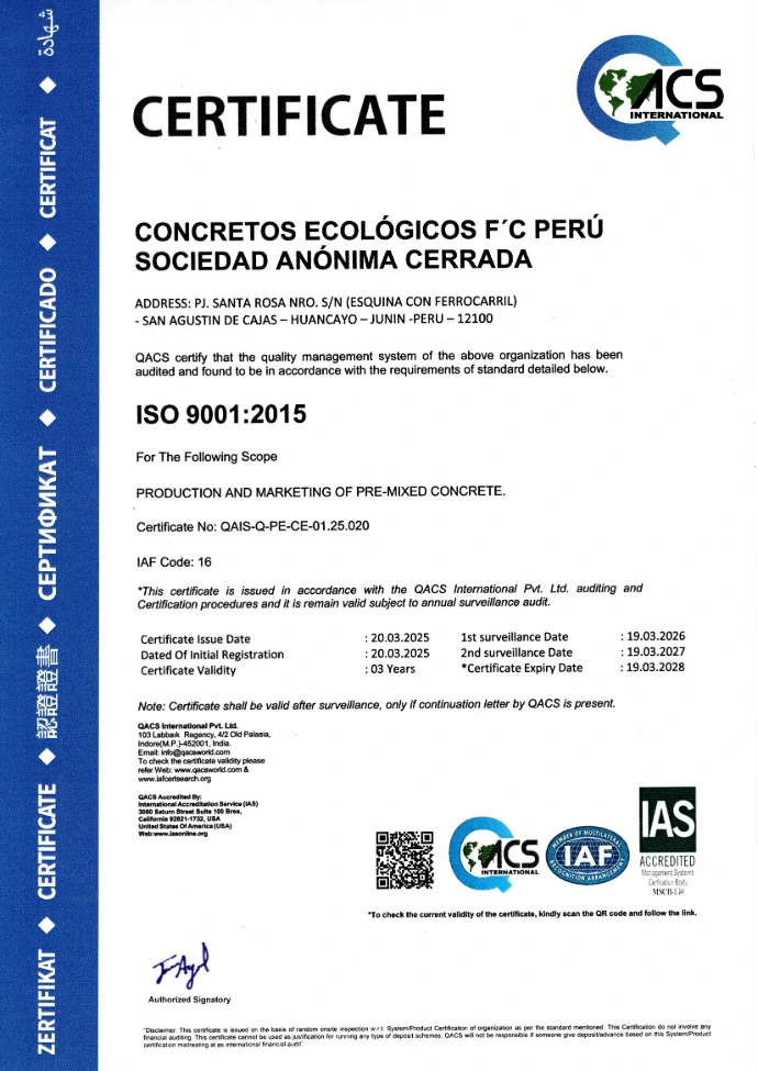 Certificado ISO 9001:2015 otorgado a Biocreto